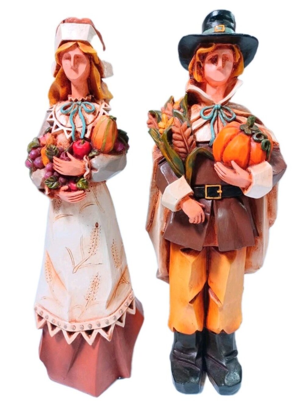 Pacific Rim Cubist Thanksgiving Harvest Pilgrim Man and Woman Cubist Figures 9"